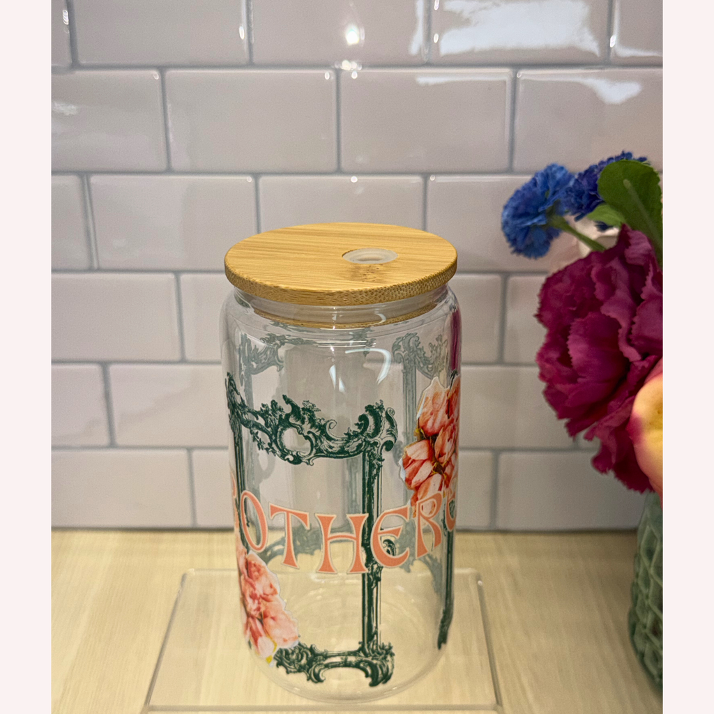 UNBOTHERED 16 oz Glass Cup with Lid & Straw | Vintage Green Frame Design | Elegant Aesthetic Drinkware