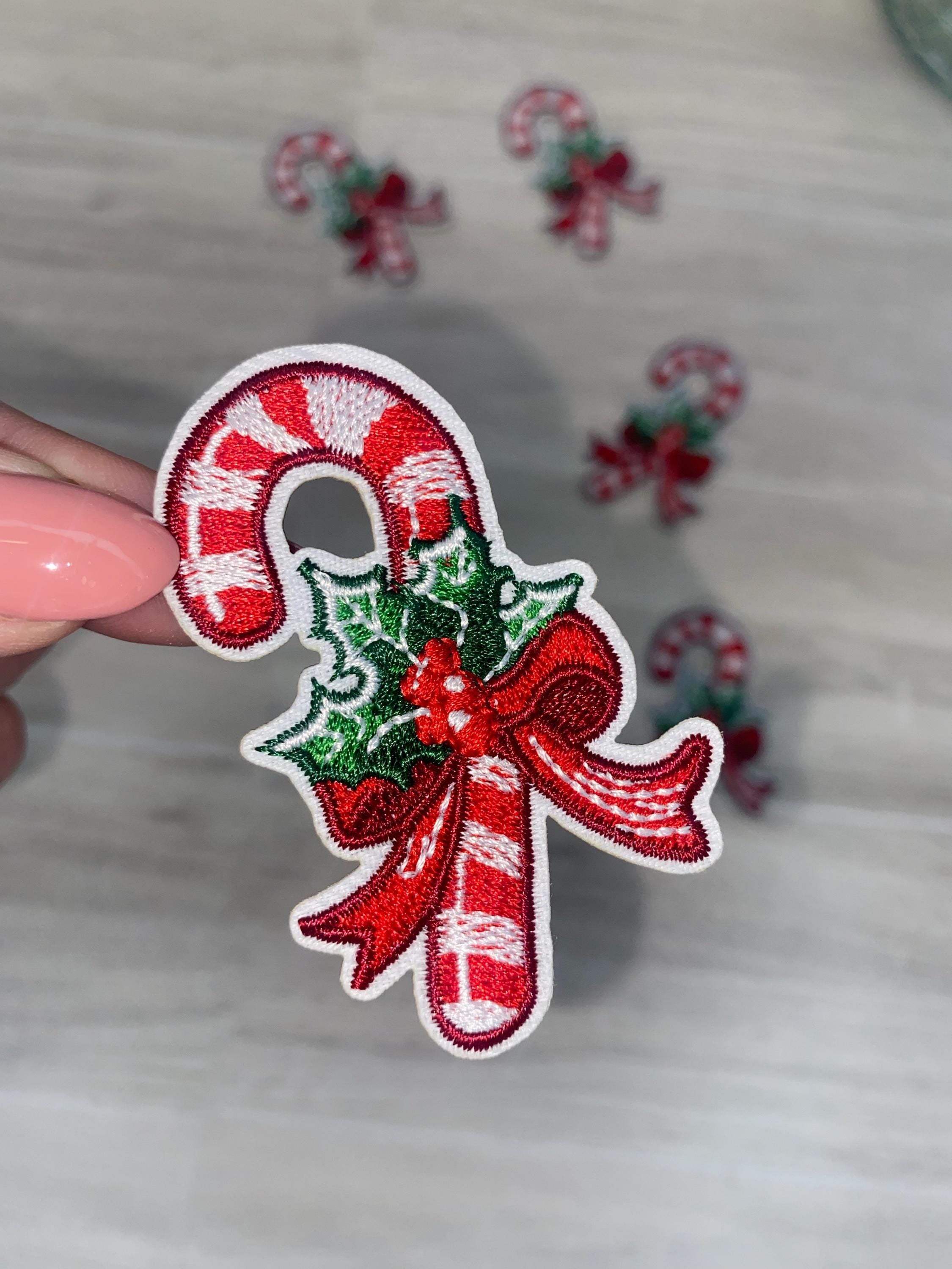 Embroidered Candy Cane Iron On Patch - Holiday Festive Accessory