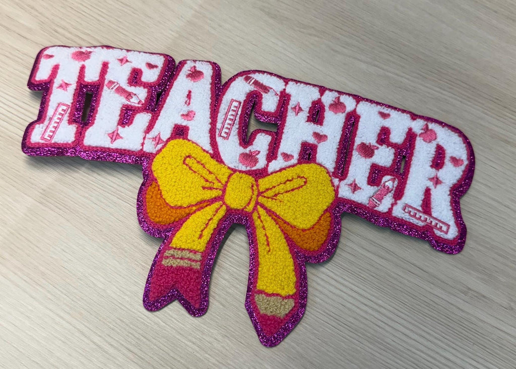 Teacher Chenille Iron-On Patch | Pencil Bow Teacher Patch | Back to School Patch | Teacher Jacket Patch | Teacher Gift | Teacher Sweatshirt