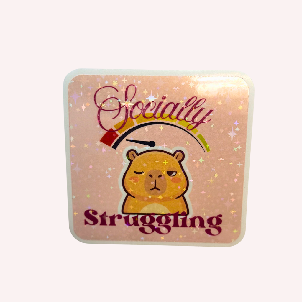 Socially Struggling Sticker | Funny Introvert Holographic Sticker | Cute Mental Health Sticker | Water-Resistant Sticker