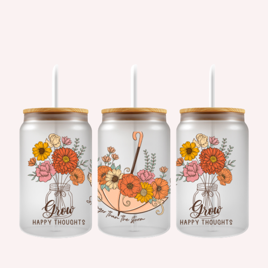 Grow Happy Thoughts Cup Wrap | Floral Positive Affirmation Design | Feminine 16 oz Libbey Glass Wrap