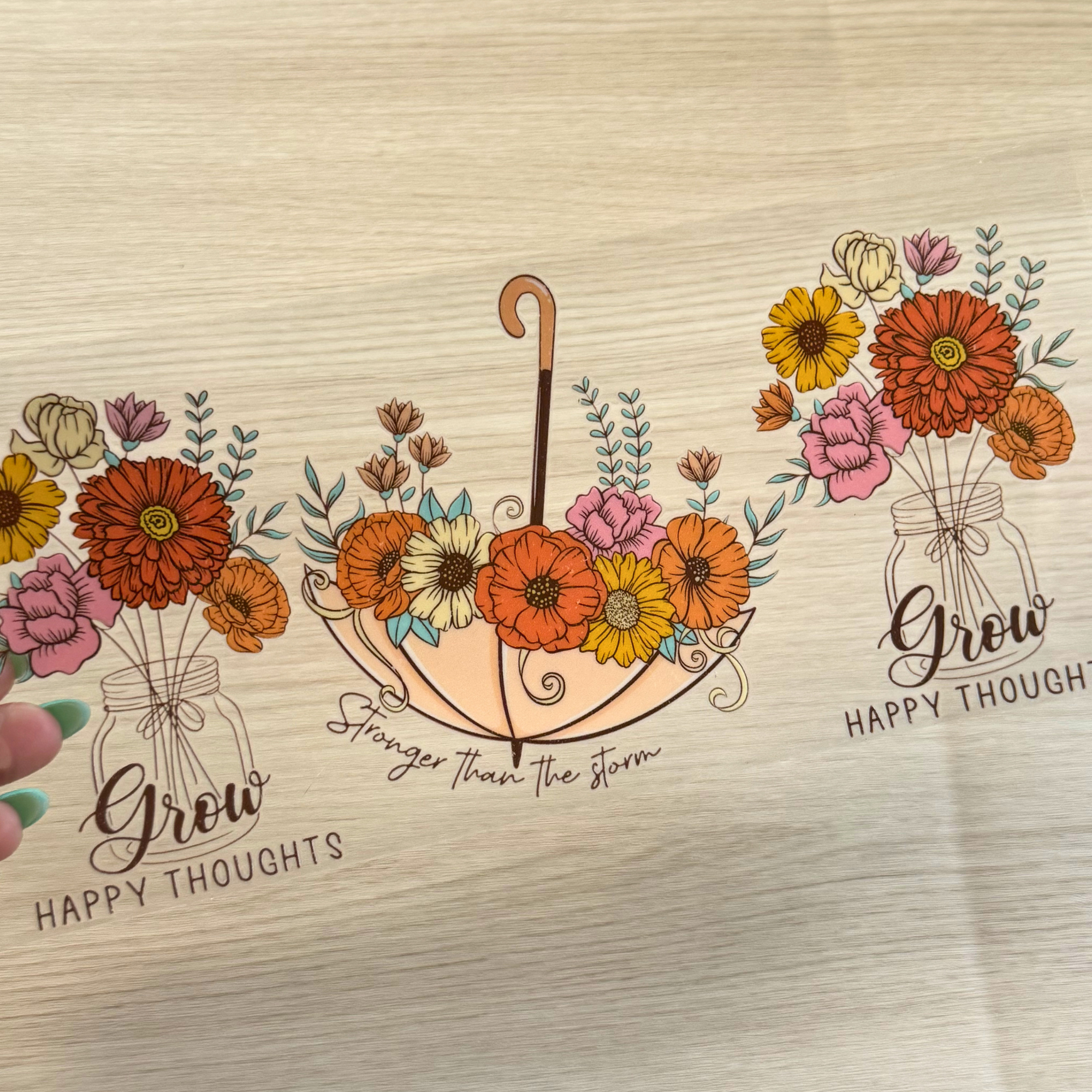 Grow Happy Thoughts Cup Wrap | Floral Positive Affirmation Design | Feminine 16 oz Libbey Glass Wrap