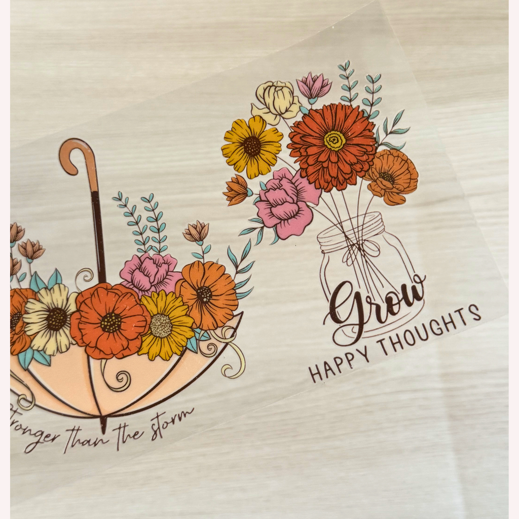 Grow Happy Thoughts Cup Wrap | Floral Positive Affirmation Design | Feminine 16 oz Libbey Glass Wrap