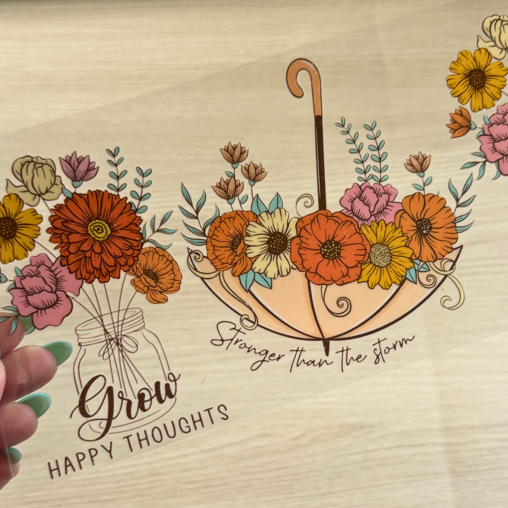 Grow Happy Thoughts Cup Wrap | Floral Positive Affirmation Design | Feminine 16 oz Libbey Glass Wrap