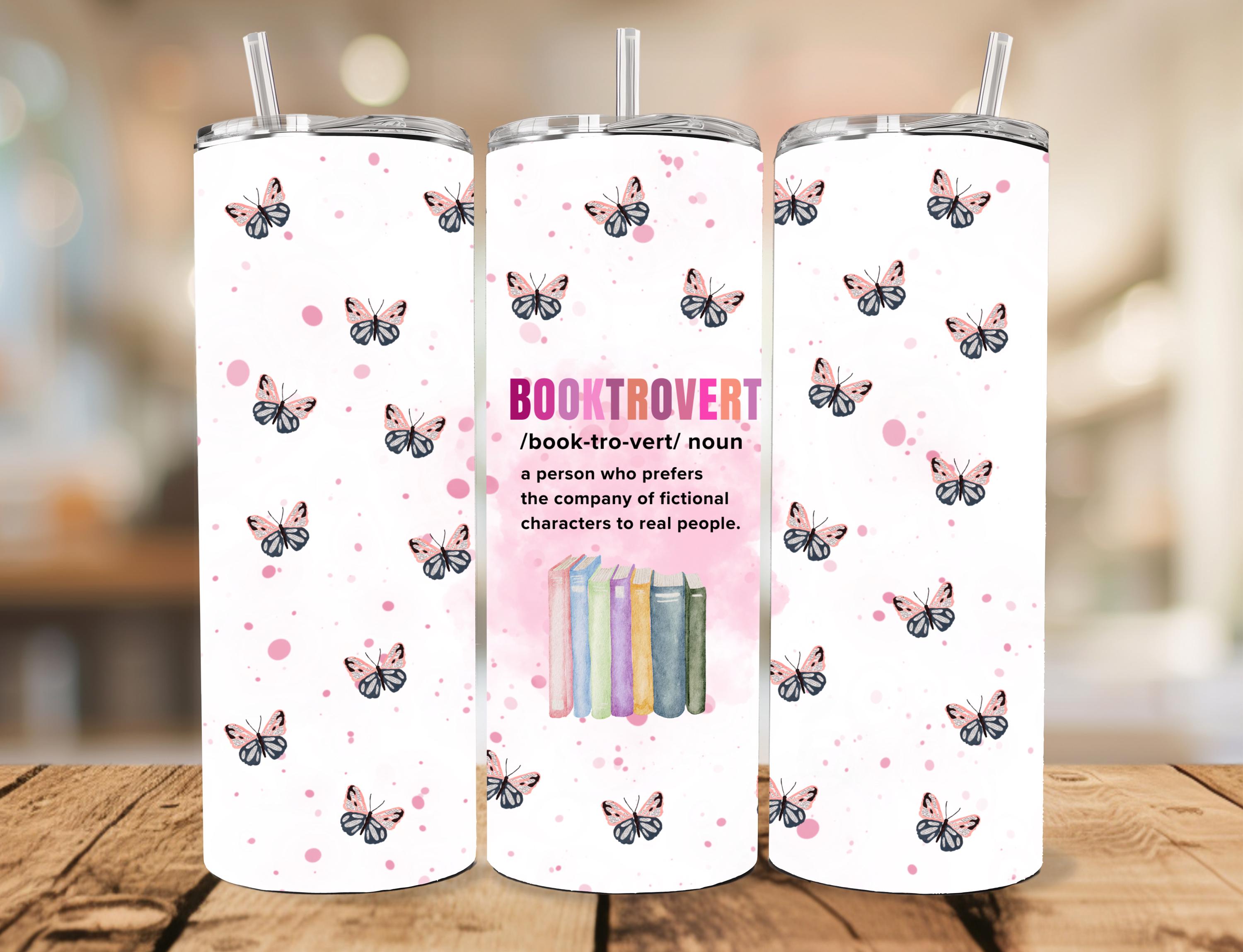 Booktrovert Tumbler: Books & Butterflies Stainless Steel Reader Gift