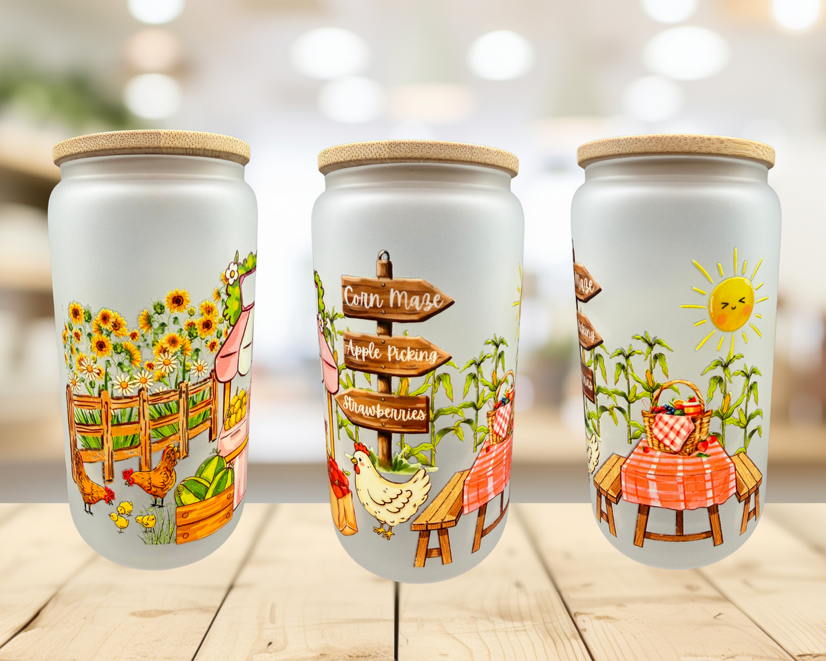 Apple Picking Frosted Glass Tumbler – 16 oz Fall Farm Cup – Corn Maze Autumn Glass Can – Farmers Market Iced Coffee Cup
