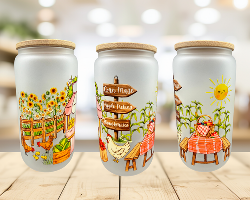 Apple Picking Frosted Glass Tumbler – 16 oz Fall Farm Cup – Corn Maze Autumn Glass Can – Farmers Market Iced Coffee Cup