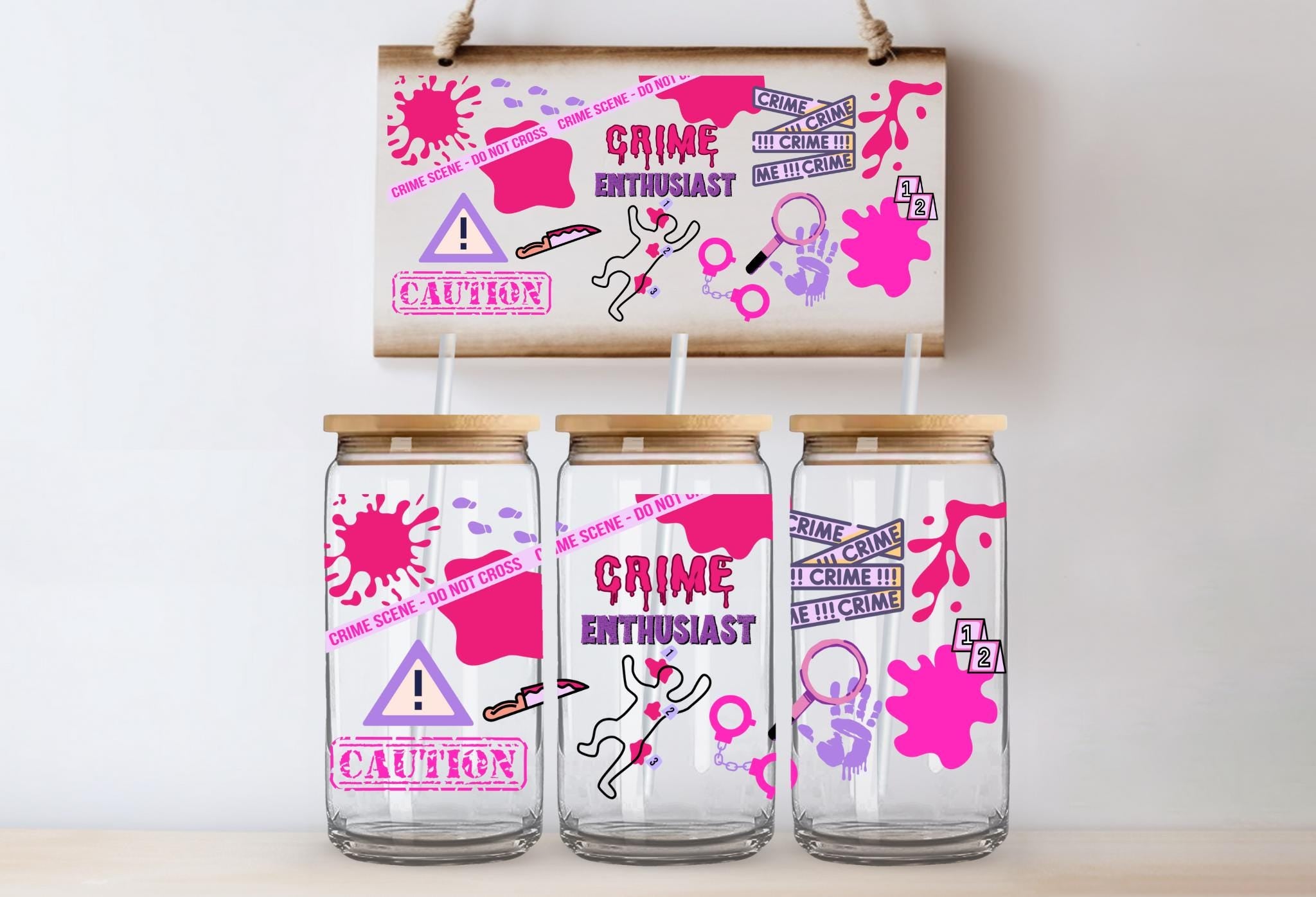 Crime Enthusiast UV DTF Cup Wrap, 16oz Girly True Crime Theme