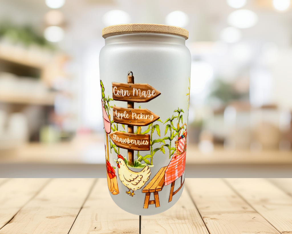Apple Picking Frosted Glass Tumbler – 16 oz Fall Farm Cup – Corn Maze Autumn Glass Can – Farmers Market Iced Coffee Cup