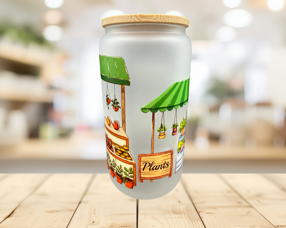 Plant Lover Frosted Glass Tumbler – 16 oz Plant Market Cup – Garden Lover Glass Can – Houseplant Iced Coffee Cup – Original Design