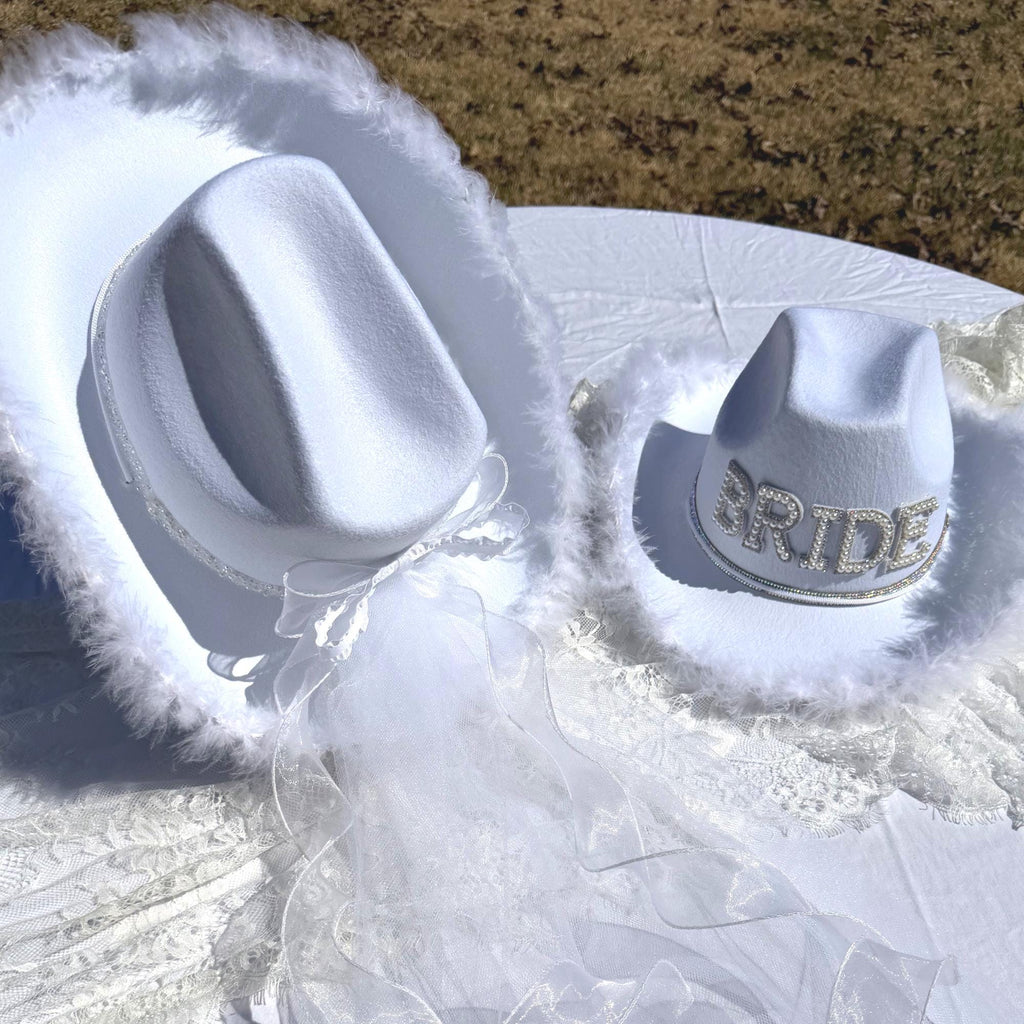 The Classic Hat, White Cowgirl Bride Hat with Veil & Bow, Bridal Cowgirl Hat, Bachelorette Hat, Wedding Photo Prop | Western Bride