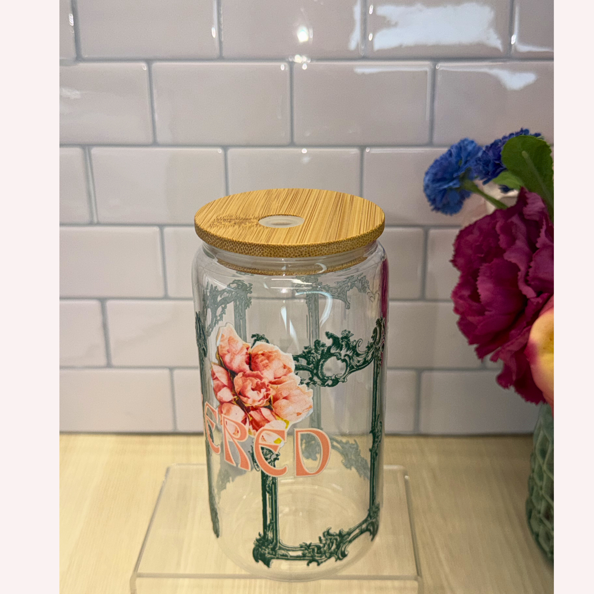 UNBOTHERED 16 oz Glass Cup with Lid & Straw | Vintage Green Frame Design | Elegant Aesthetic Drinkware