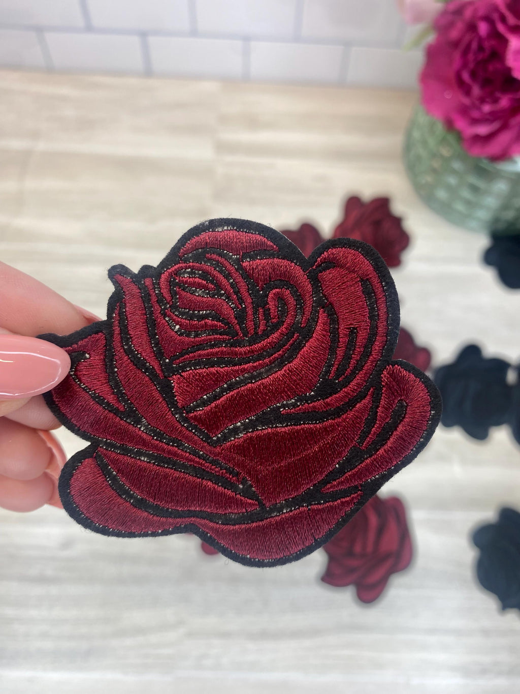 Embroidered Rose Iron On Patch: Black or Burgundy Flower Applique