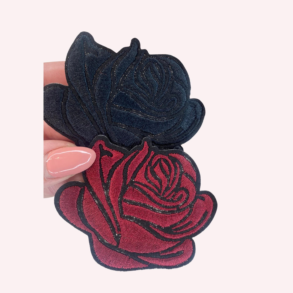 Embroidered Rose Iron On Patch: Black or Burgundy Flower Applique