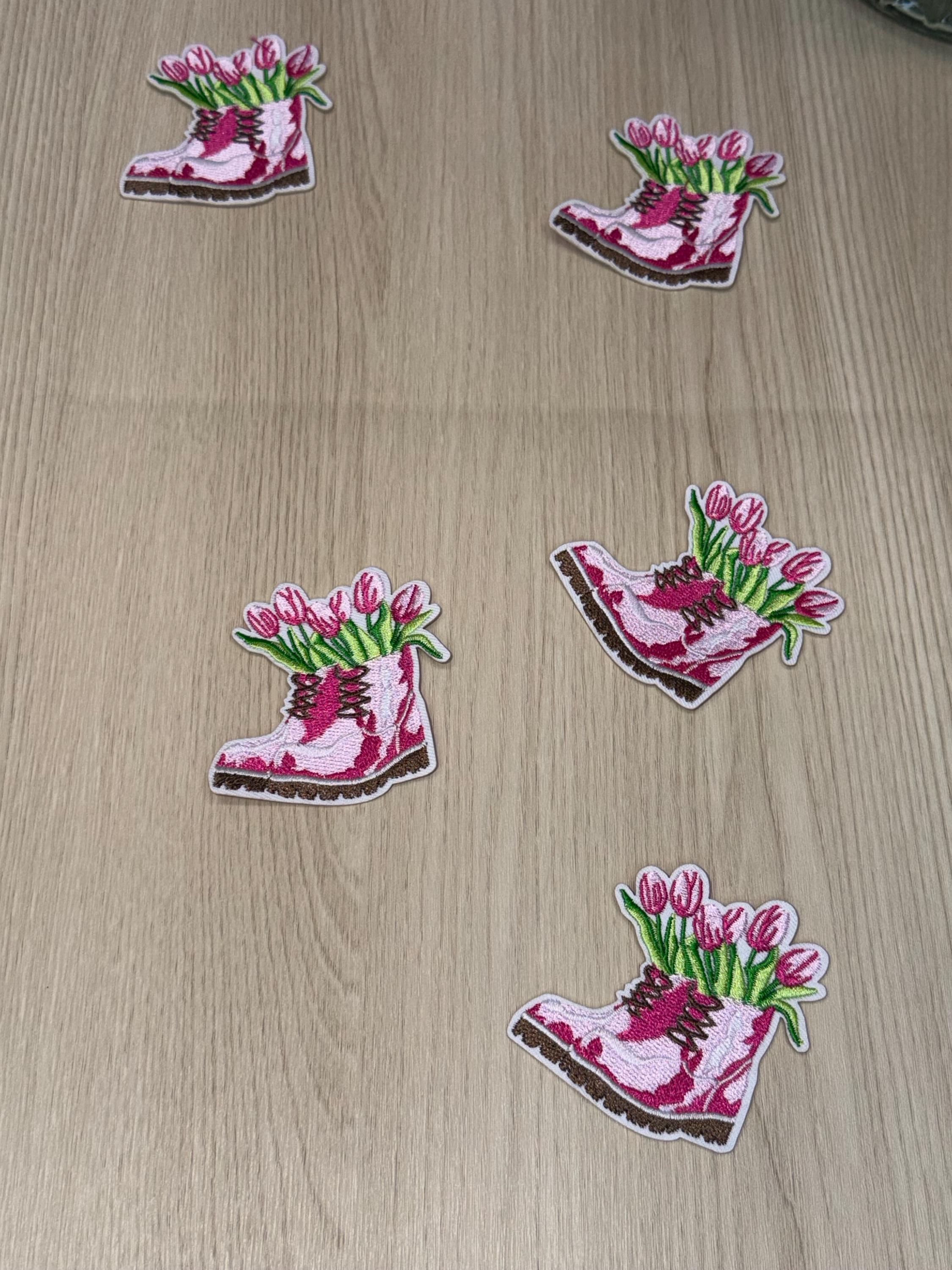 Cute Pink Boots with Tulips Iron-On Patch | Girly Floral Embroidered Patch | Soft Feminine Aesthetic