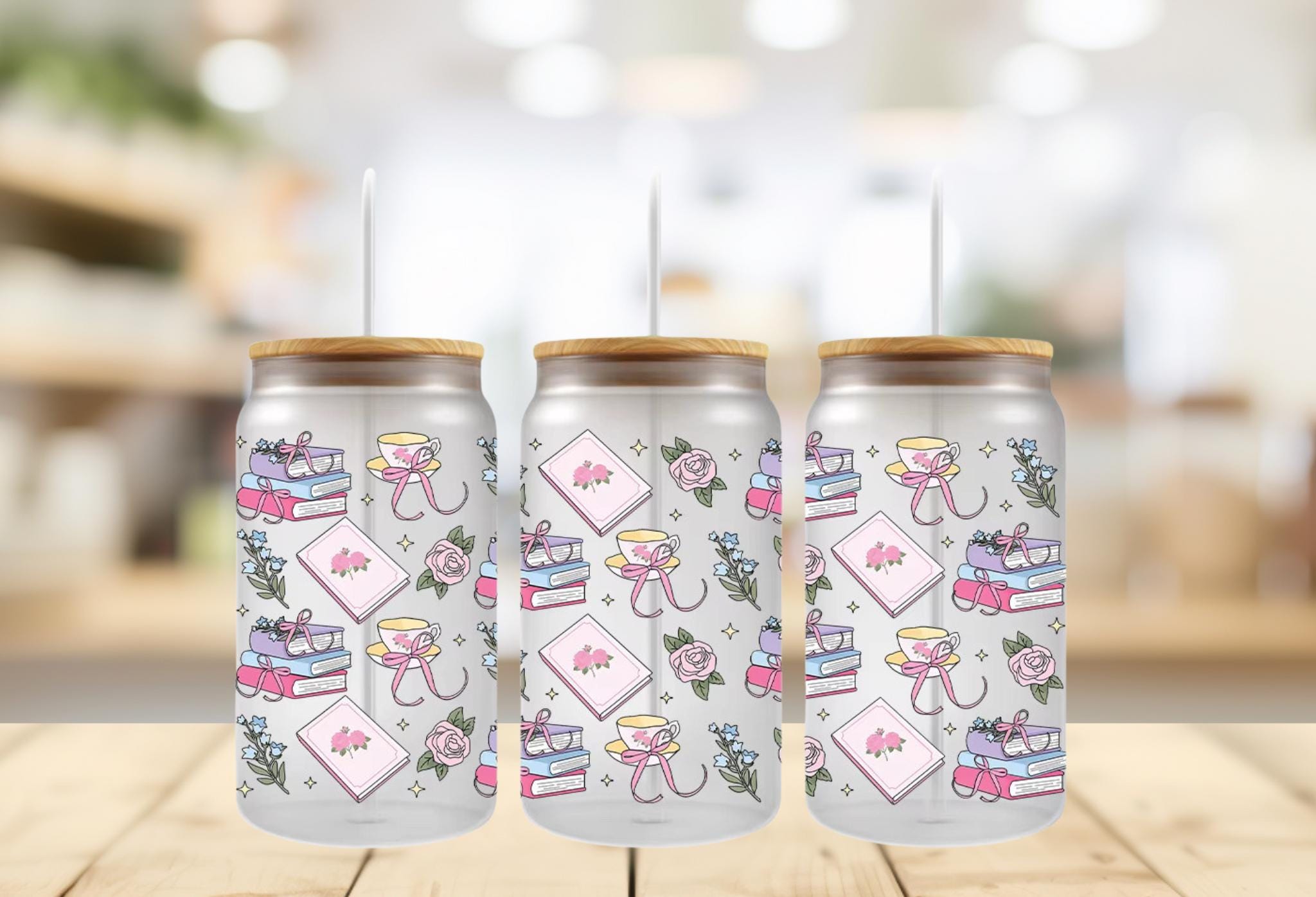 Girly Books & Bows Cup Wrap. 16oz UV DTF Tumbler Design