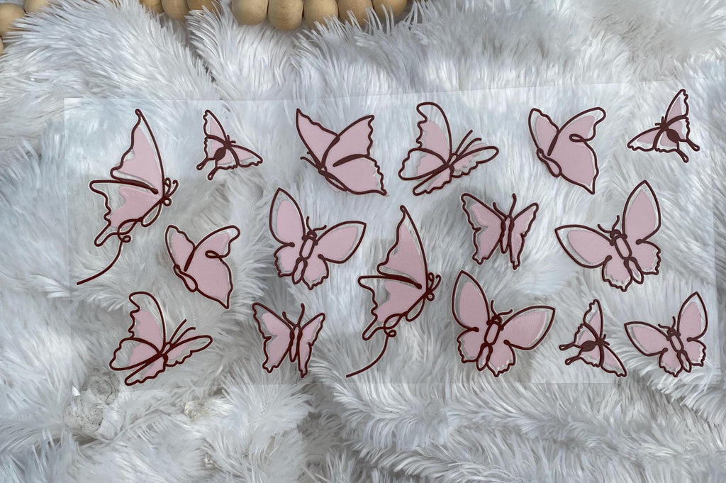 Pink Butterflies, UV DTF 16oz wrap, Butterfly cup wrap