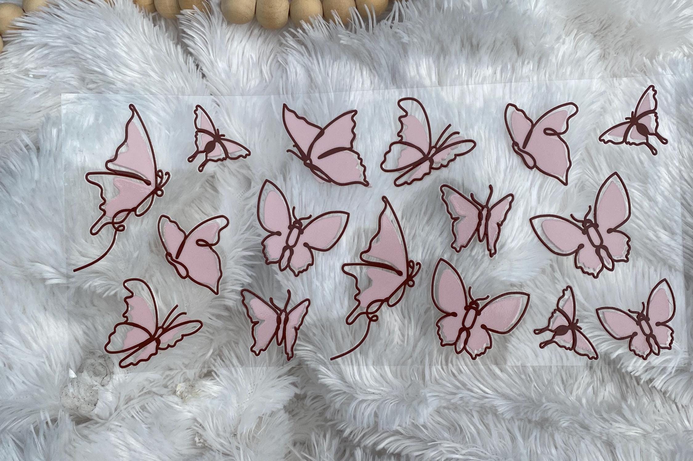 Pink Butterflies, UV DTF 16oz wrap, Butterfly cup wrap