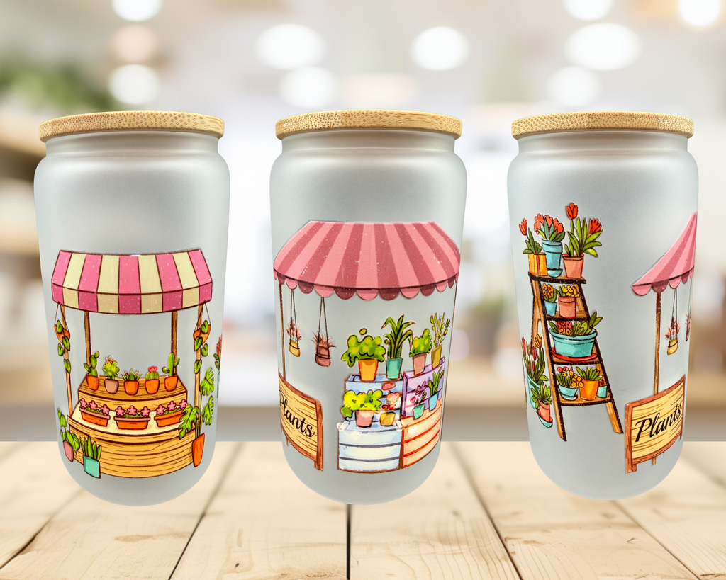 Pink Plant Market Frosted Glass Tumbler – 16 oz Plant Lover Cup – Cute Garden Glass Can – Pink Iced Coffee Cup – Original Design