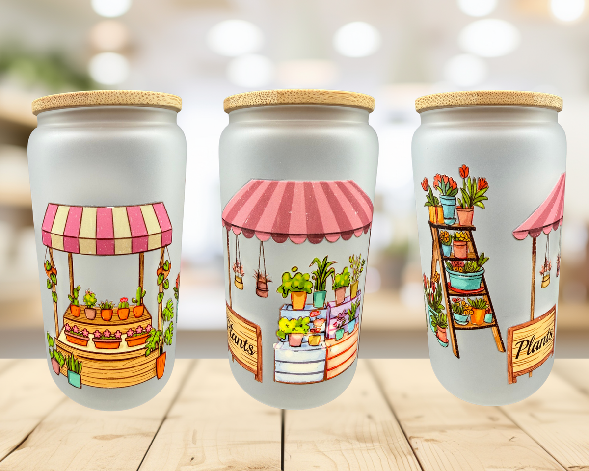 Pink Plant Market Frosted Glass Tumbler – 16 oz Plant Lover Cup – Cute Garden Glass Can – Pink Iced Coffee Cup – Original Design