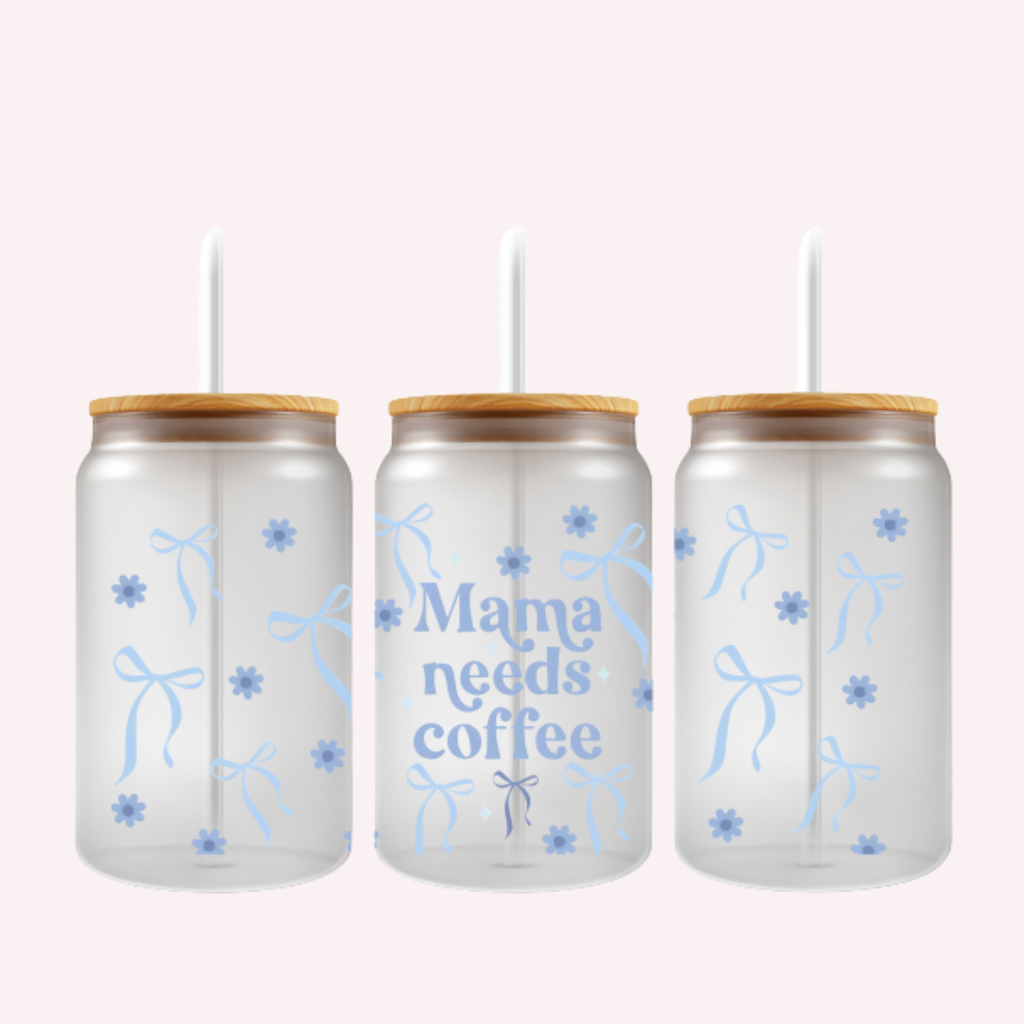 Mama Needs Coffee Cup Wrap | Light Blue Bow & Floral Design | Cute Mom 16 oz Libbey Glass Wrap ✨