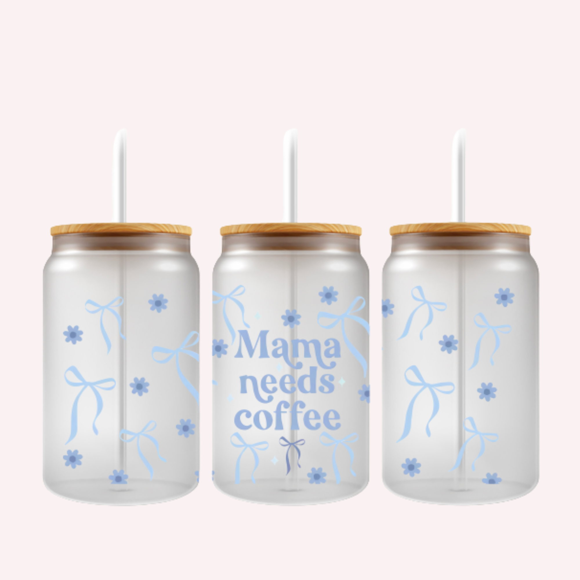 Mama Needs Coffee Cup Wrap | Light Blue Bow & Floral Design | Cute Mom 16 oz Libbey Glass Wrap ✨