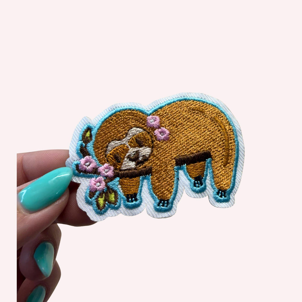 Cute Sloth Patch – Sloth on Branch with Pink Flowers Embroidered Iron-On Patch | Kawaii Animal Patch | Nature Lover Gift