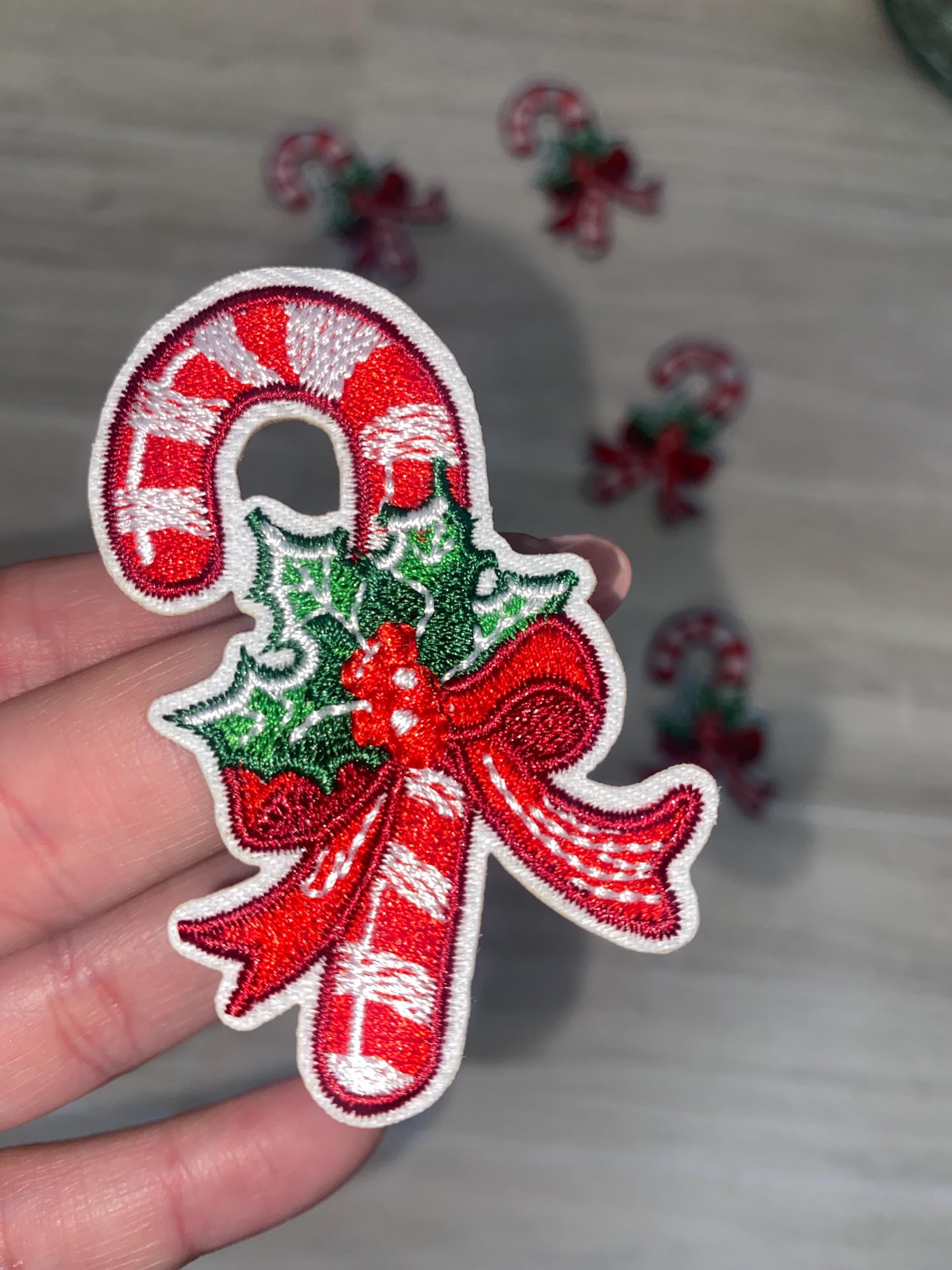 Embroidered Candy Cane Iron On Patch - Holiday Festive Accessory