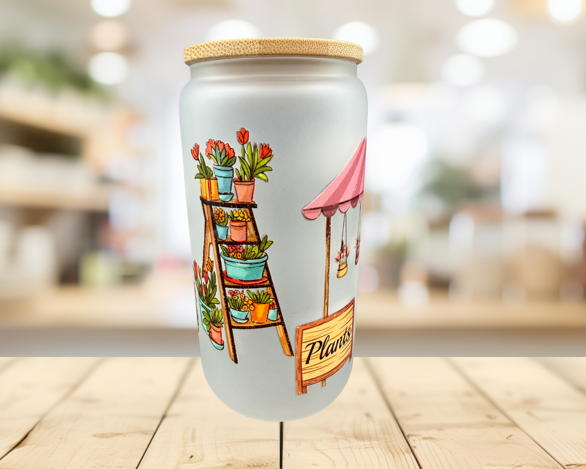 Pink Plant Market Frosted Glass Tumbler – 16 oz Plant Lover Cup – Cute Garden Glass Can – Pink Iced Coffee Cup – Original Design