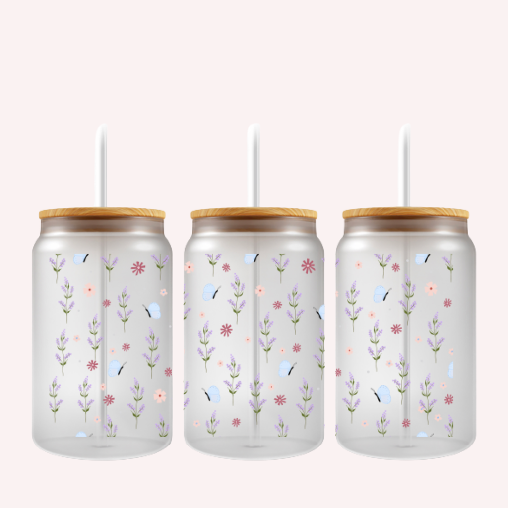 Spring Day Cup Wrap | Blue Butterflies & Lavender Floral Design | 16 oz Libbey Glass Wrap