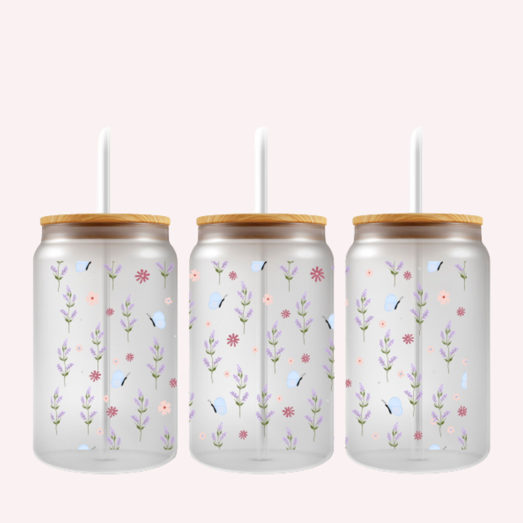 Spring Day Cup Wrap | Blue Butterflies & Lavender Floral Design | 16 oz Libbey Glass Wrap