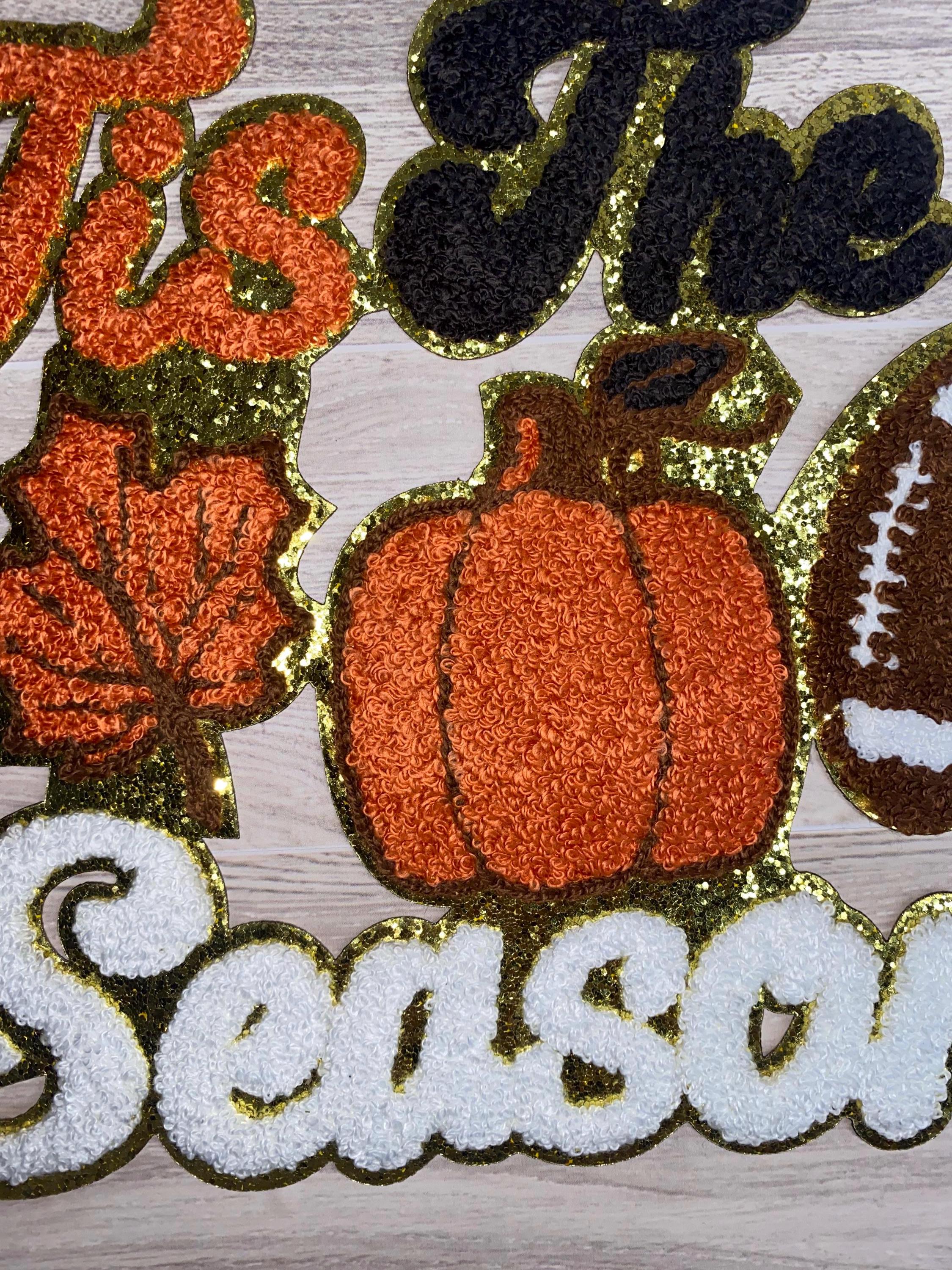 Fall Chenille Iron-On Patch: Pumpkin Spice, Football, Leaf Design