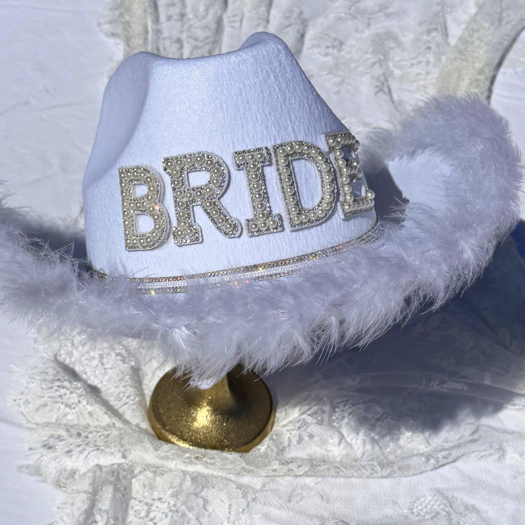 The Party Hat | Bride Cowgirl Hat with Pearl Lettering | White Western Bride Hat | Bachelorette Hat | Bridal Party Hat | Nashville Bride