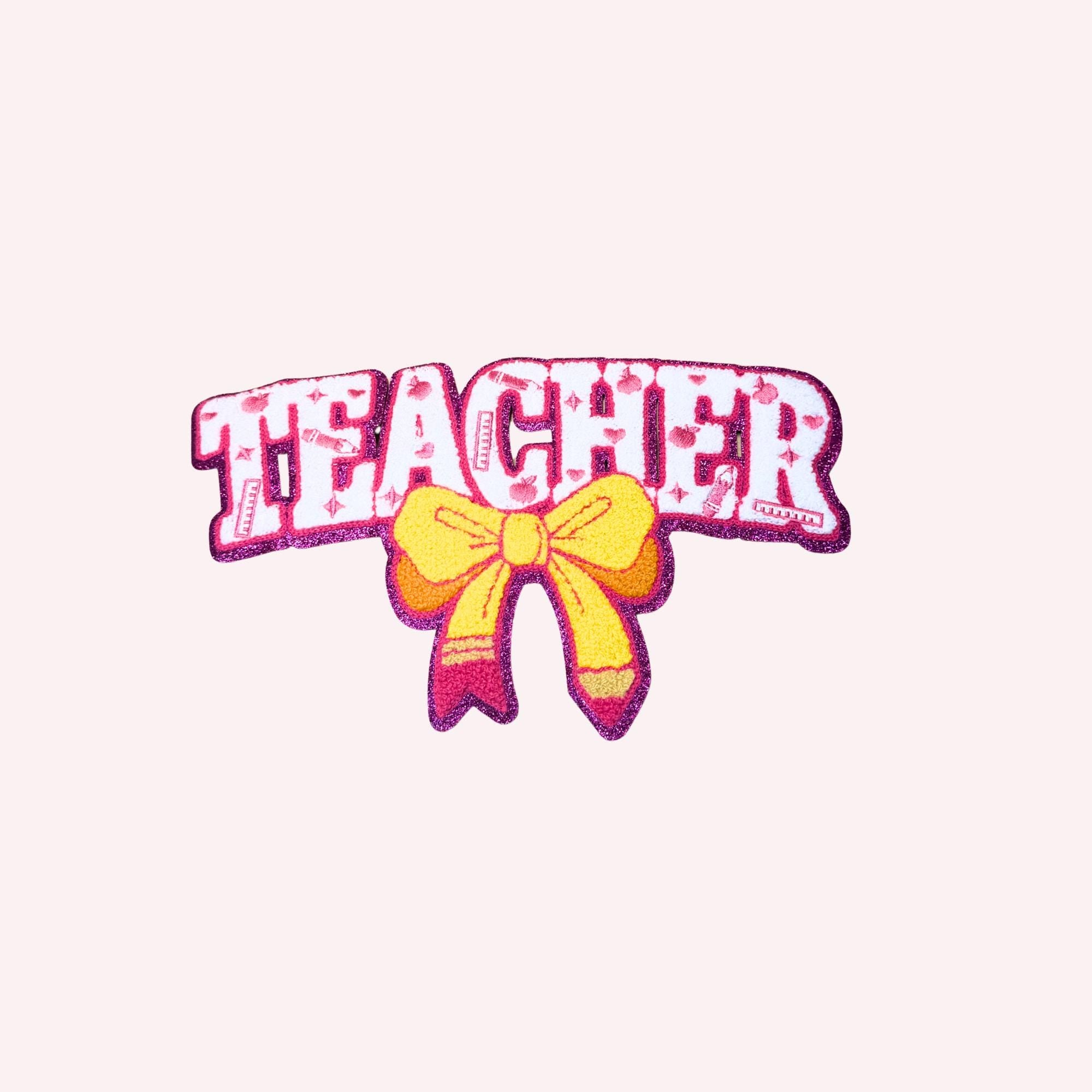 Teacher Chenille Iron-On Patch | Pencil Bow Teacher Patch | Back to School Patch | Teacher Jacket Patch | Teacher Gift | Teacher Sweatshirt