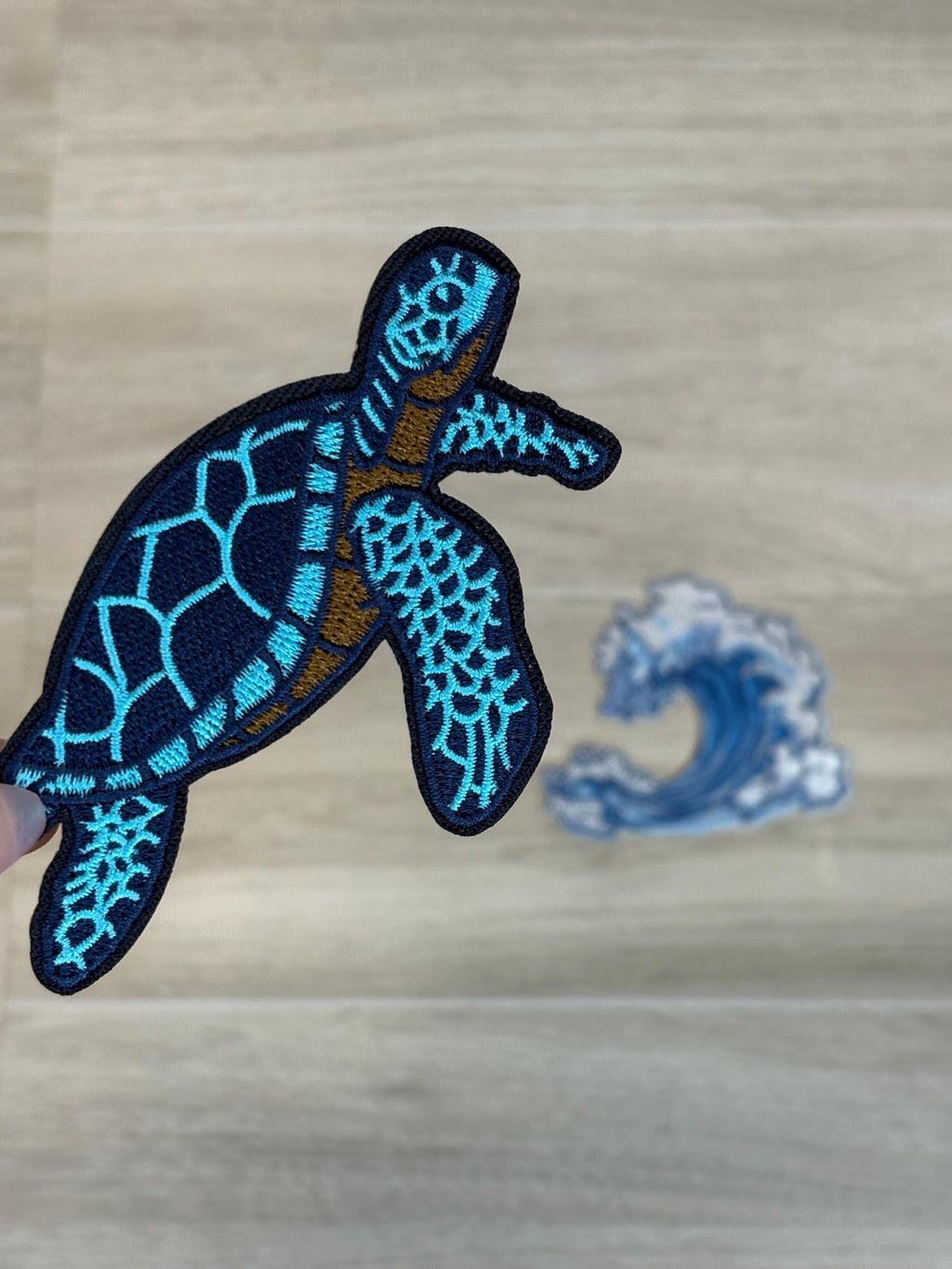 Turtle & Wave Patch Set (2–3.4”) | Ocean-Themed Iron-On Embroidery