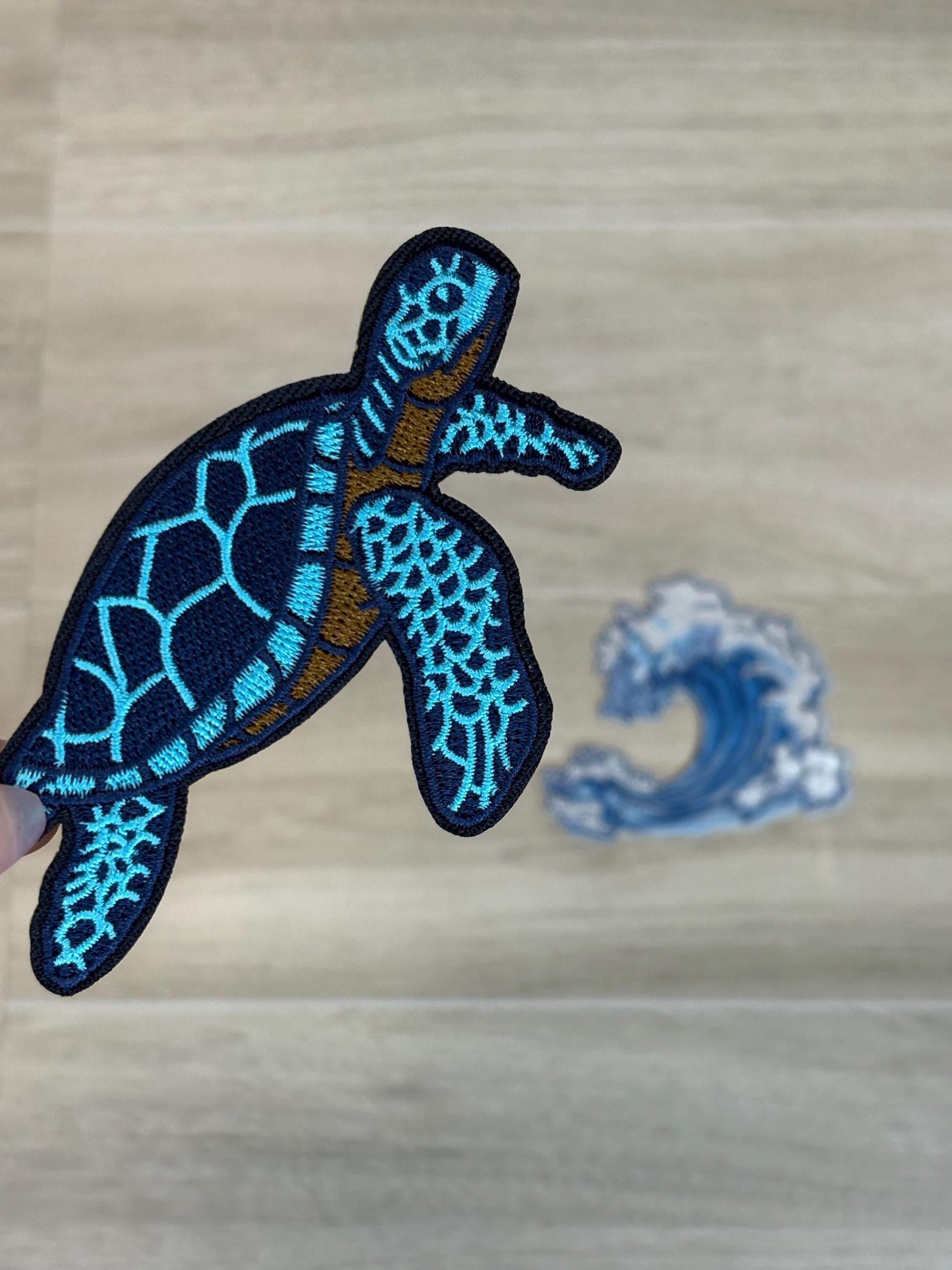 Turtle & Wave Patch Set (2–3.4”) | Ocean-Themed Iron-On Embroidery