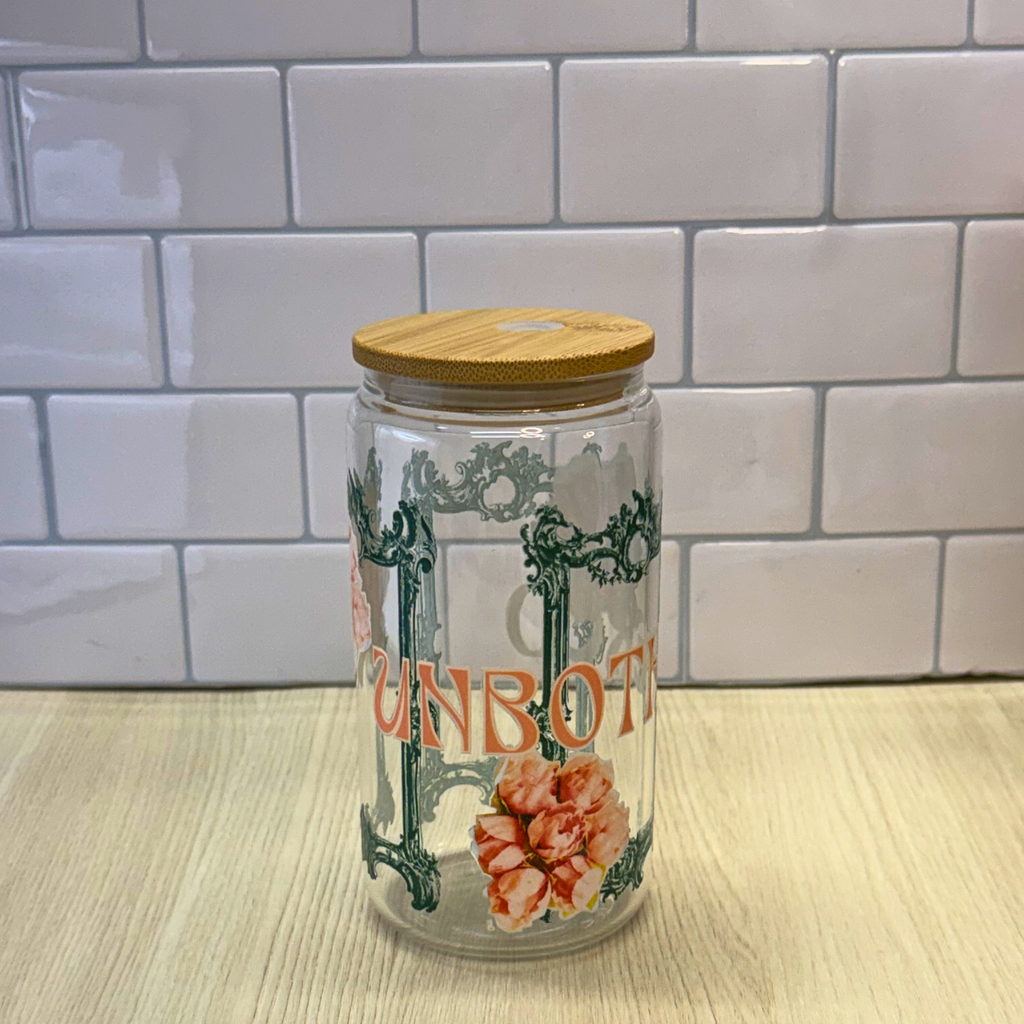 UNBOTHERED 16 oz Glass Cup with Lid & Straw | Vintage Green Frame Design | Elegant Aesthetic Drinkware