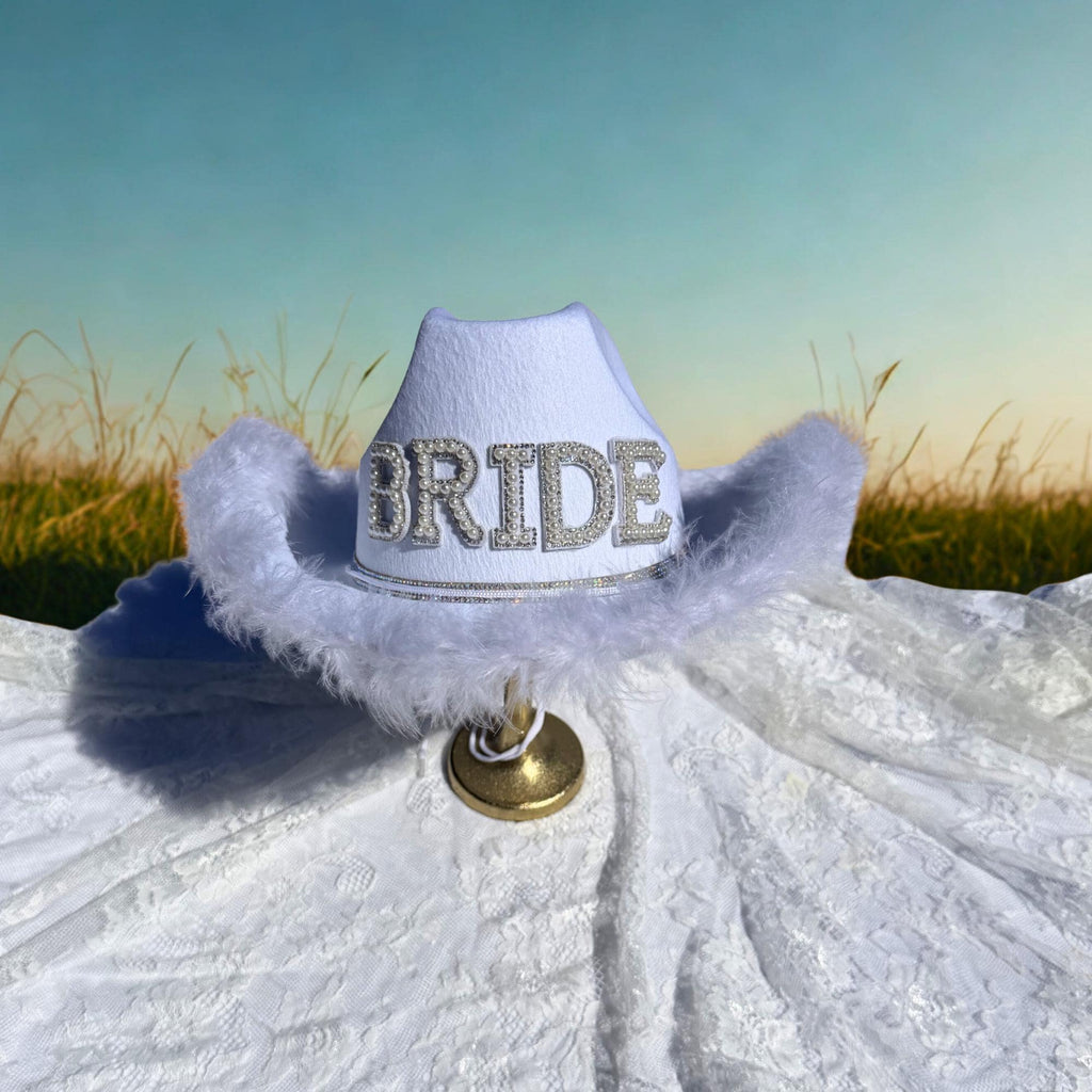 The Party Hat | Bride Cowgirl Hat with Pearl Lettering | White Western Bride Hat | Bachelorette Hat | Bridal Party Hat | Nashville Bride