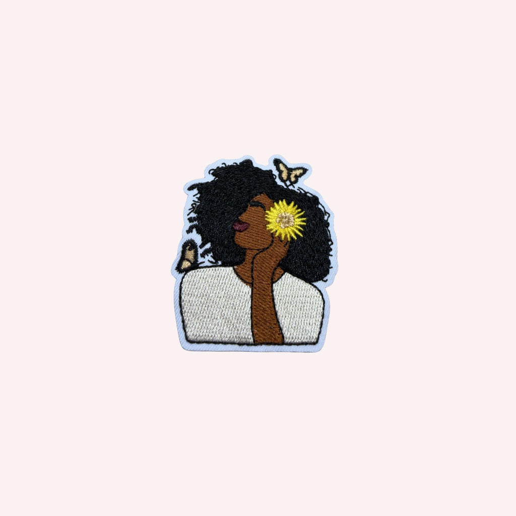 Natural Woman Patch with Sunflower – Embroidered Iron-On Patch | Natural Hair Beauty | Butterfly Aesthetic | Artistic Statement Patch