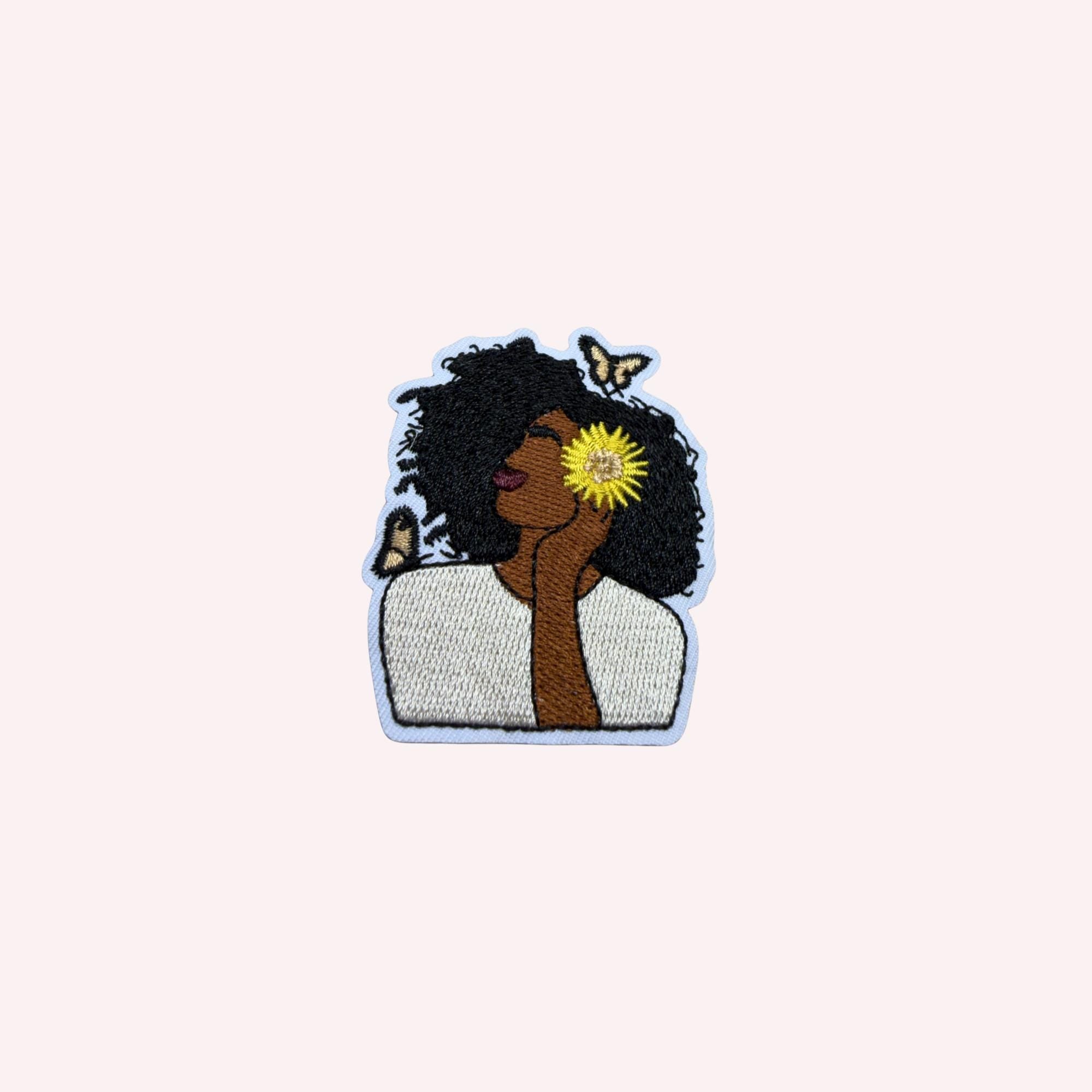 Natural Woman Patch with Sunflower – Embroidered Iron-On Patch | Natural Hair Beauty | Butterfly Aesthetic | Artistic Statement Patch