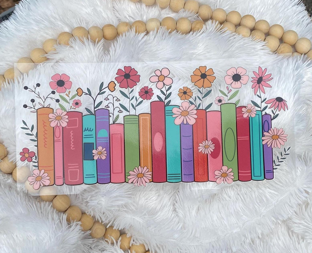 Books and Flowers UV DTF Wrap: 16oz Tumbler Decal