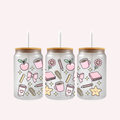 Cute Teacher Cup Wrap | Pink Teacher Glass Can Wrap with Coffee Cups Apples & Bows | Teacher Appreciation Gift | 16oz Libbey UV DTF Wrap