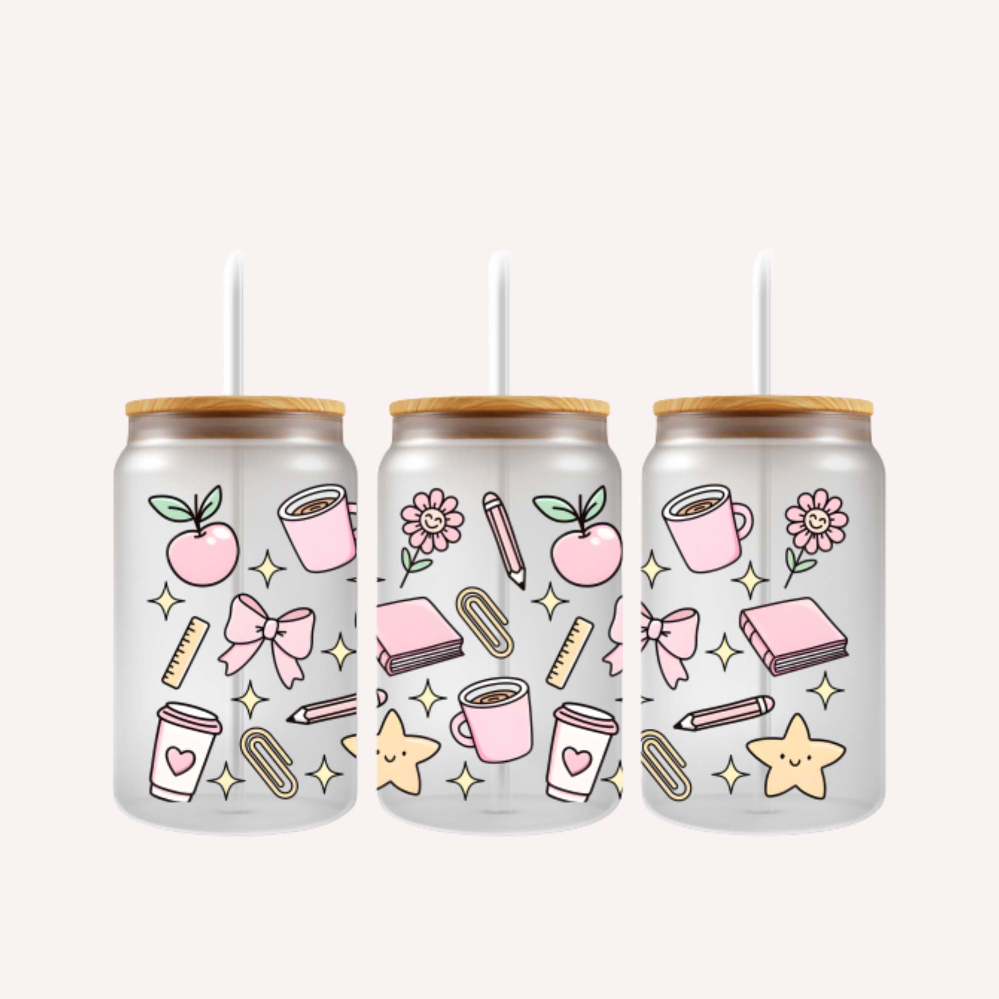 Cute Teacher Cup Wrap | Pink Teacher Glass Can Wrap with Coffee Cups Apples & Bows | Teacher Appreciation Gift | 16oz Libbey UV DTF Wrap
