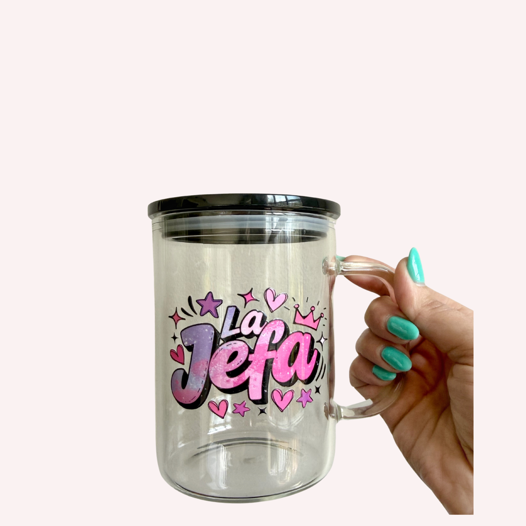 La Jefa & Boss Lady Clear Mugs – 11.5×9.5×14 cm | Black Lid | Exclusive Designs