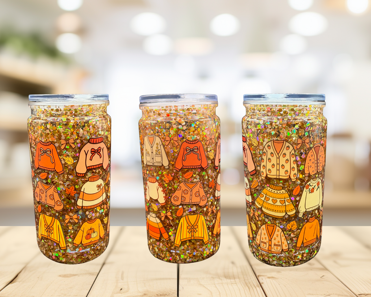 Cozy Fall Sweaters Snow Globe Tumbler – 16 oz Glitter Cup, Exclusive Autumn Design, Fall Iced Coffee Cup