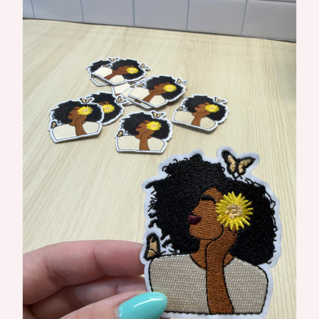 Natural Woman Patch with Sunflower – Embroidered Iron-On Patch | Natural Hair Beauty | Butterfly Aesthetic | Artistic Statement Patch