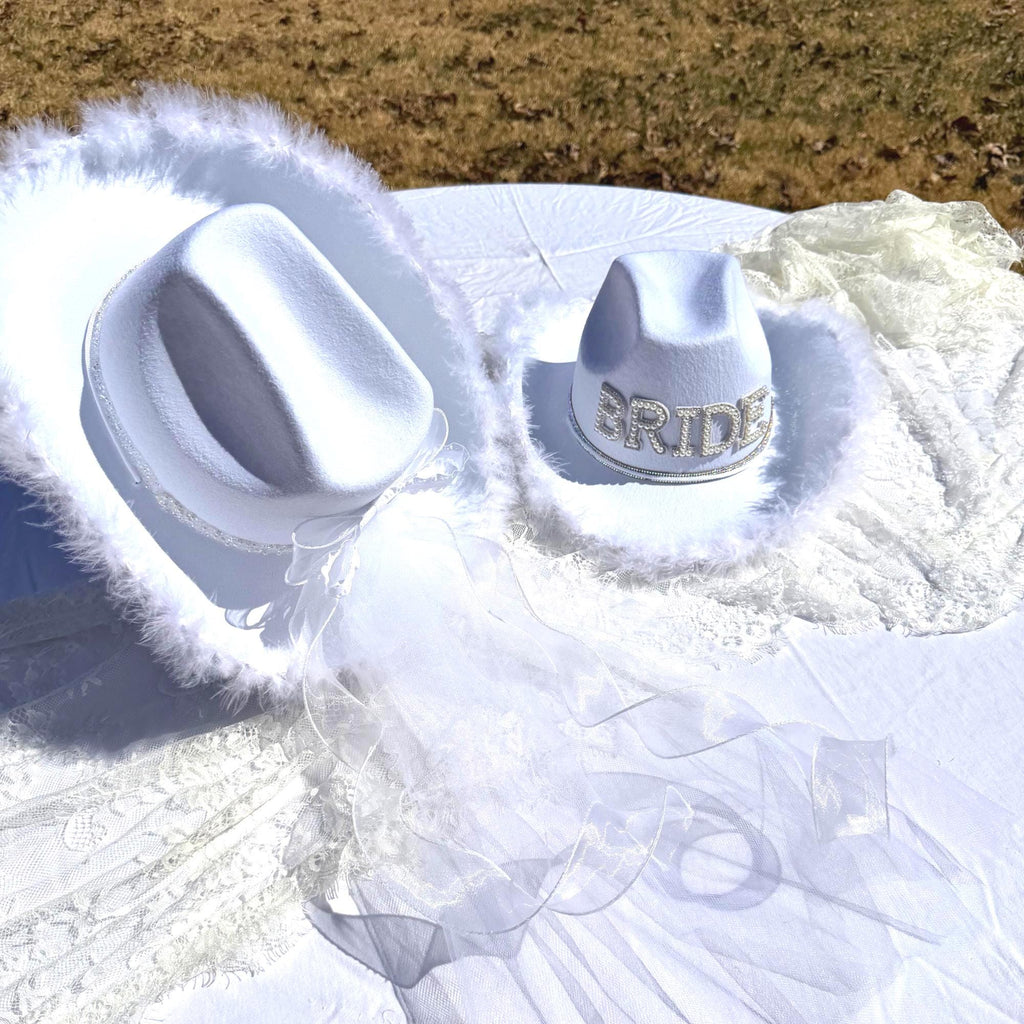 The Classic Hat, White Cowgirl Bride Hat with Veil & Bow, Bridal Cowgirl Hat, Bachelorette Hat, Wedding Photo Prop | Western Bride