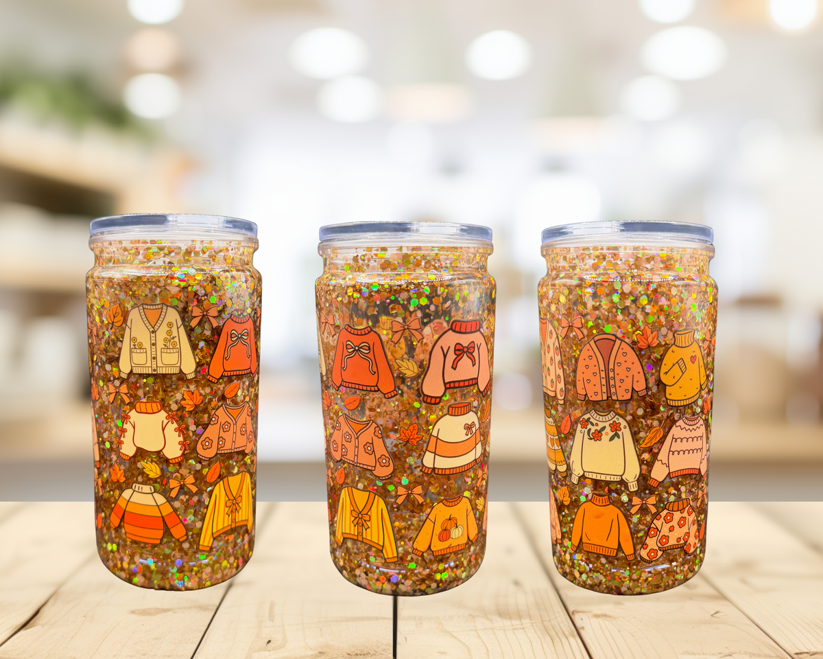 Cozy Fall Sweaters Snow Globe Tumbler – 16 oz Glitter Cup, Exclusive Autumn Design, Fall Iced Coffee Cup