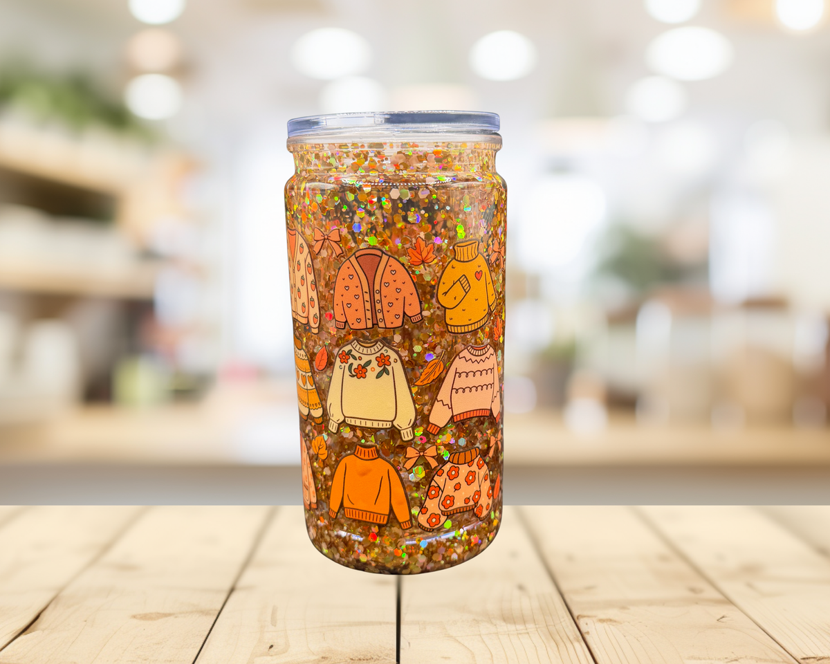 Cozy Fall Sweaters Snow Globe Tumbler – 16 oz Glitter Cup, Exclusive Autumn Design, Fall Iced Coffee Cup