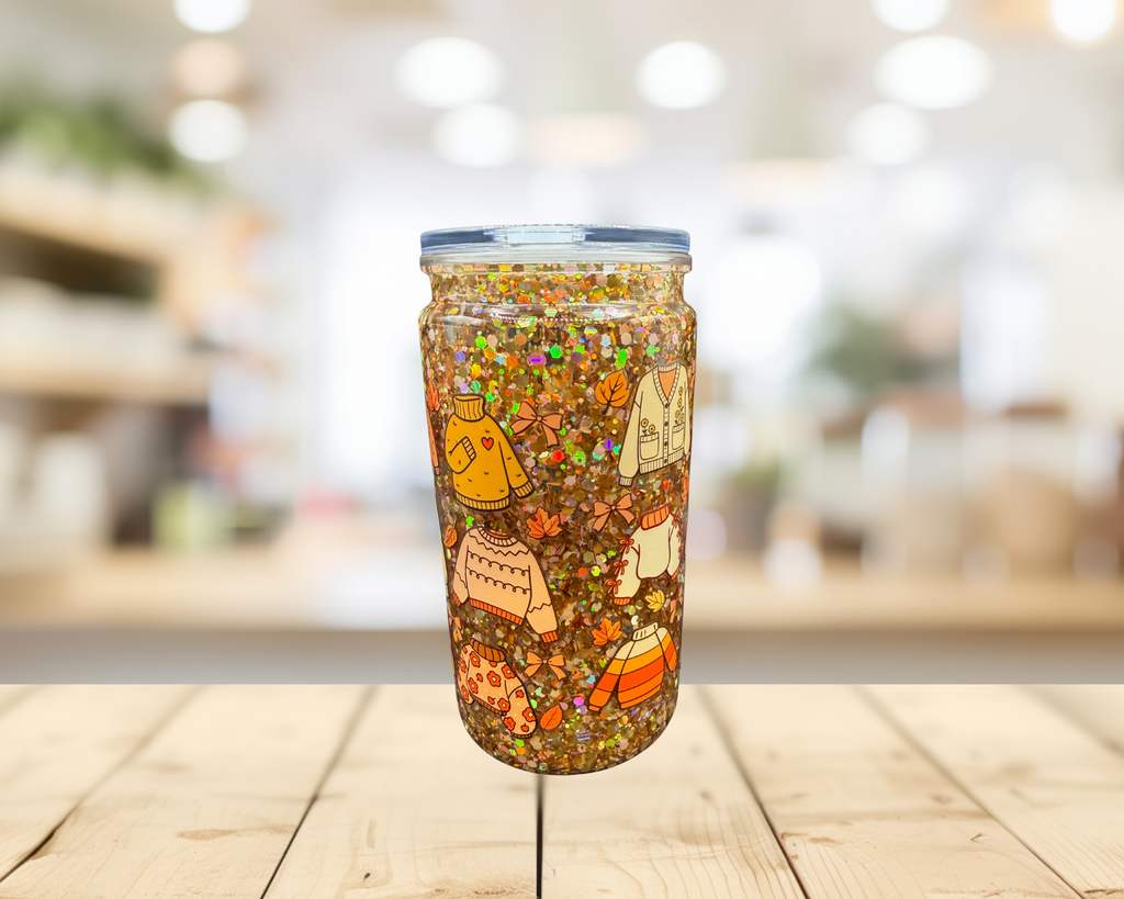 Cozy Fall Sweaters Snow Globe Tumbler – 16 oz Glitter Cup, Exclusive Autumn Design, Fall Iced Coffee Cup